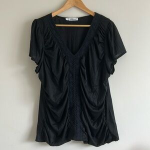 Maurices Black Lace Embroidered Flutter Sleeve Ruched Top Size 3